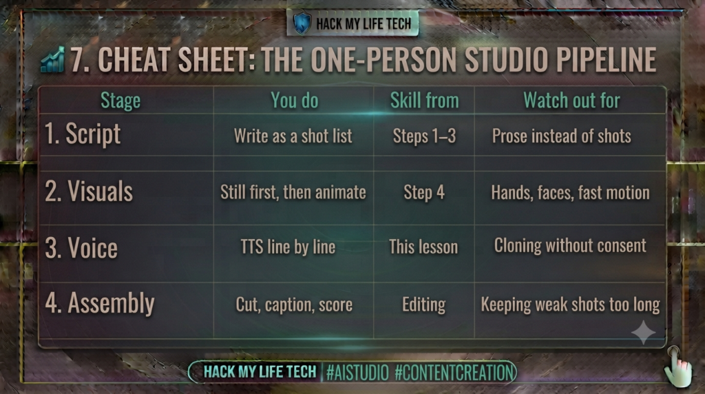 AI video production workflow showing shot planning, motion, voiceover and editing