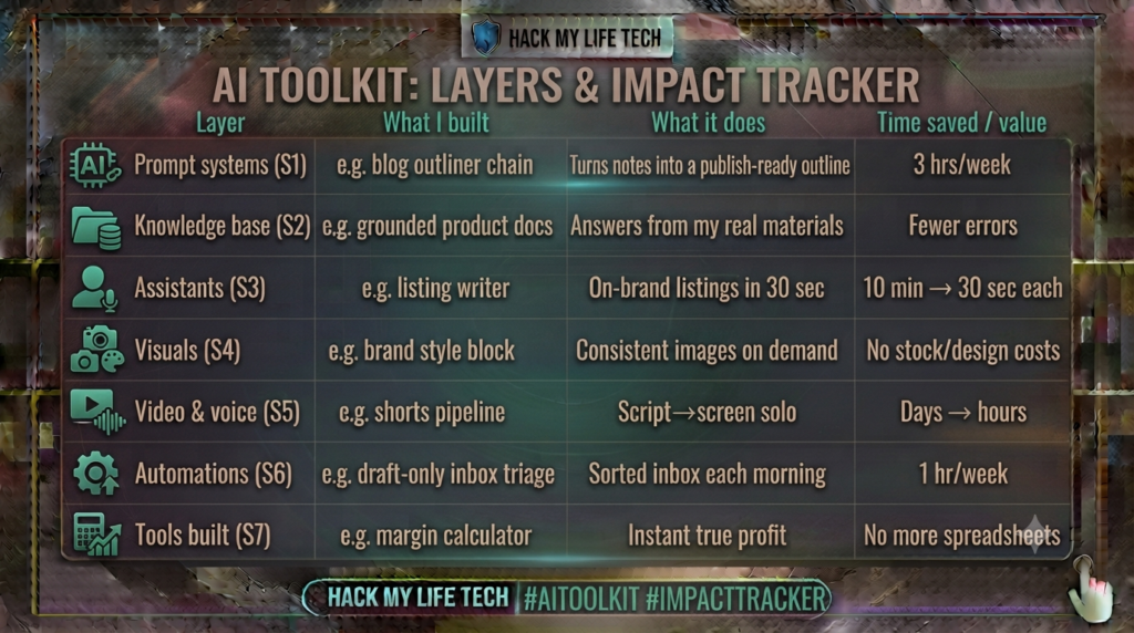 AI-generated illustration showing a personal AI stack connecting tools, assistants, automations and income projects