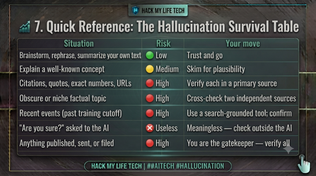 AI hallucination verification guide showing risk levels and independent fact-checking steps