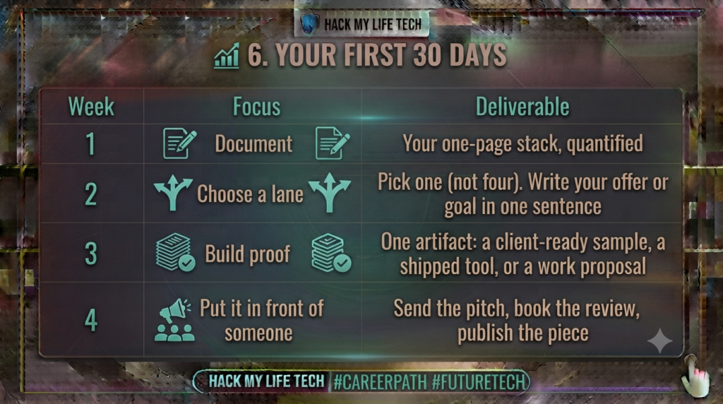 AI-generated illustration showing a beginner turning AI skills into a portfolio asset and ethical income plan