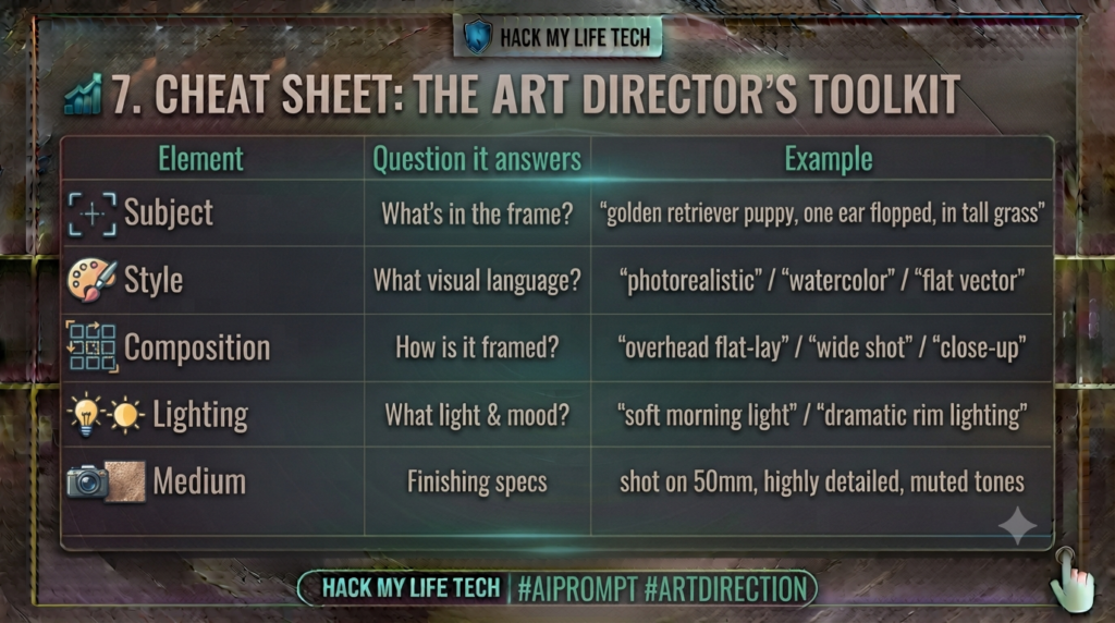 AI image prompt cheat sheet showing subject, style, composition, lighting and medium