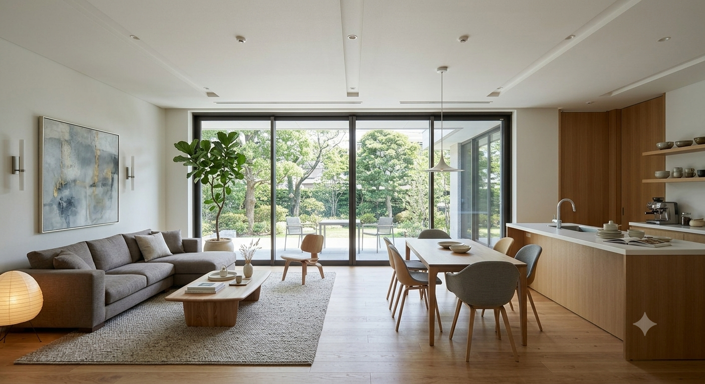 Living room redesigned in Japandi style