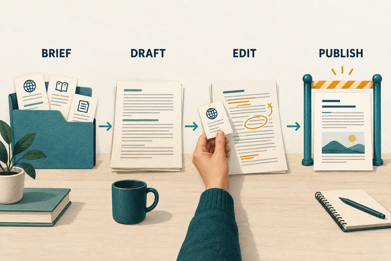 Source-backed brief, AI draft, human source checking and editing, then publication.